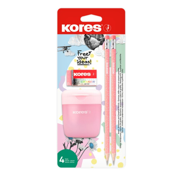 Kores PASTEL SET – ořezávátko, 2 tužky, pryž