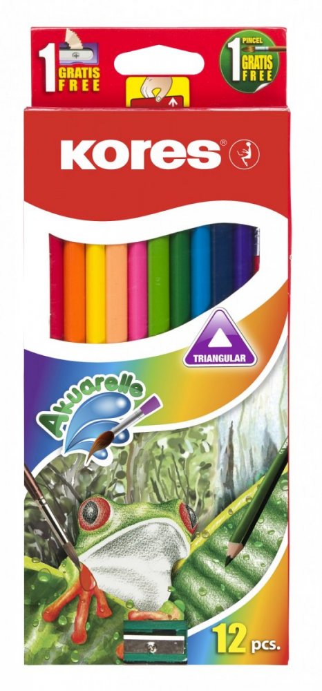 Akvarelové pastelky trojhranné 3 mm / 12 farieb, strúhadlo + štetec