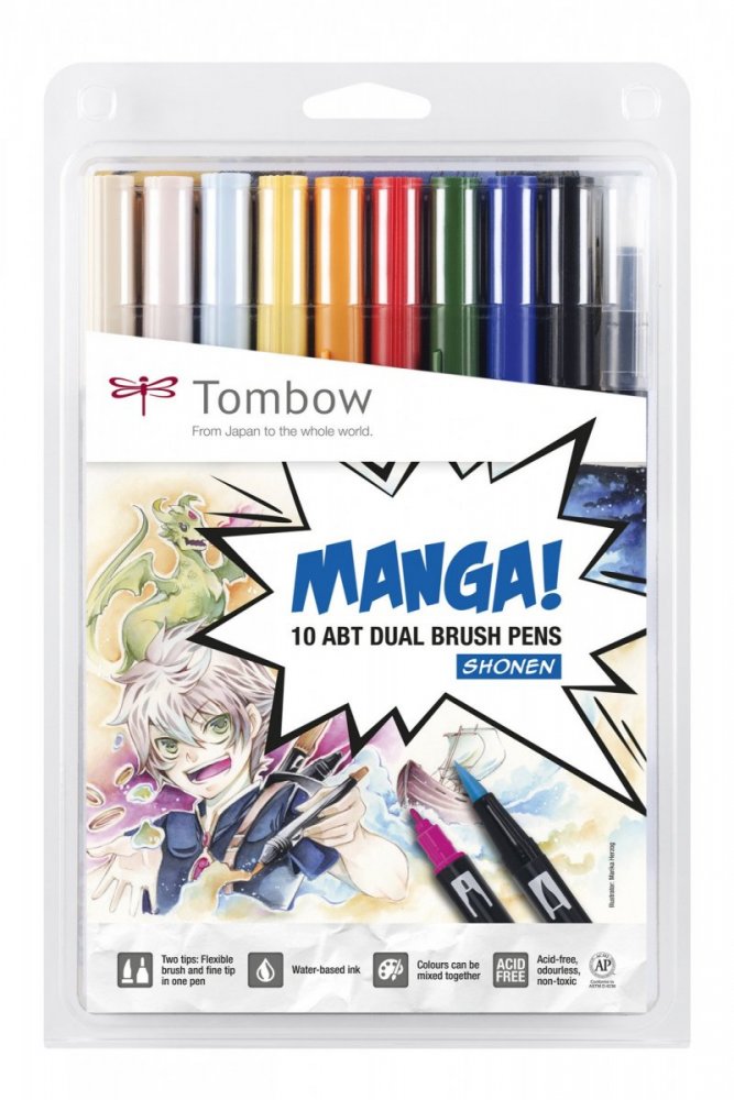 Tombow Sada obojstranných fixiek ABT DUAL BRUSH PEN – Manga set Shonen, 10 ks
