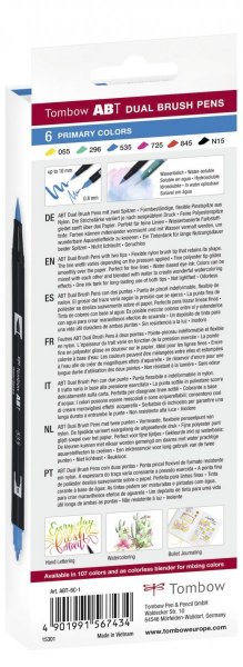 Tombow Sada obojstranných fixiek ABT DUAL BRUSH PEN – Primary colours, 6 ks