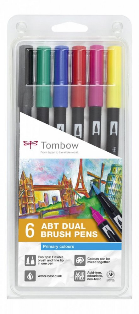 Tombow Sada obojstranných fixiek ABT DUAL BRUSH PEN – Primary colours, 6 ks