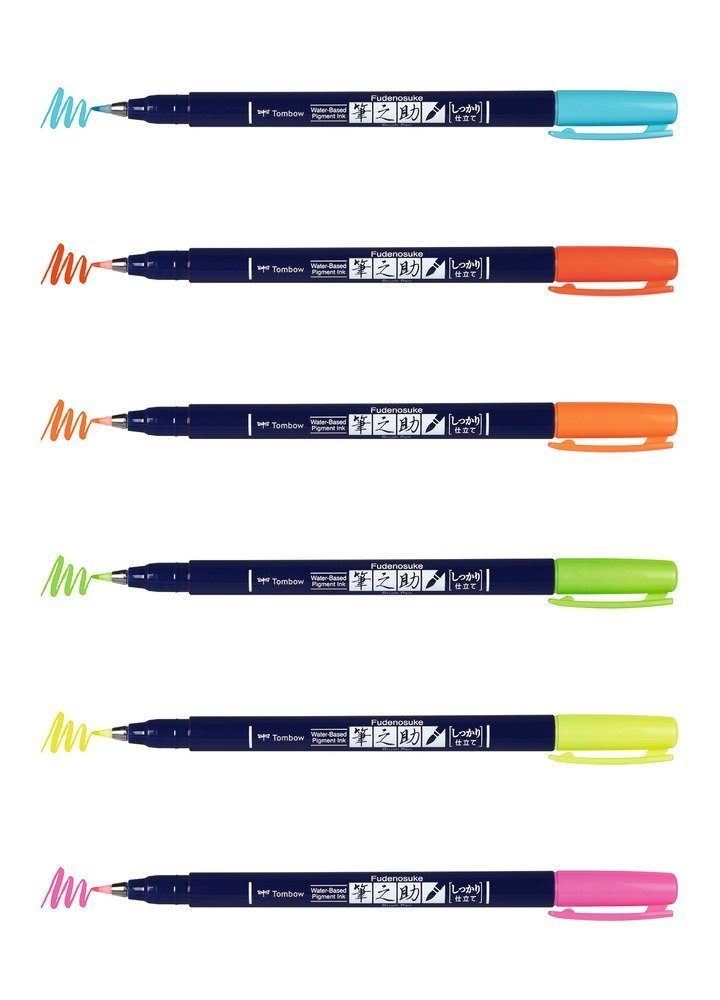 Tombow Fudenosuke BRUSH PEN – WS-BH – tvrdosť 1, sada 6 ks neon