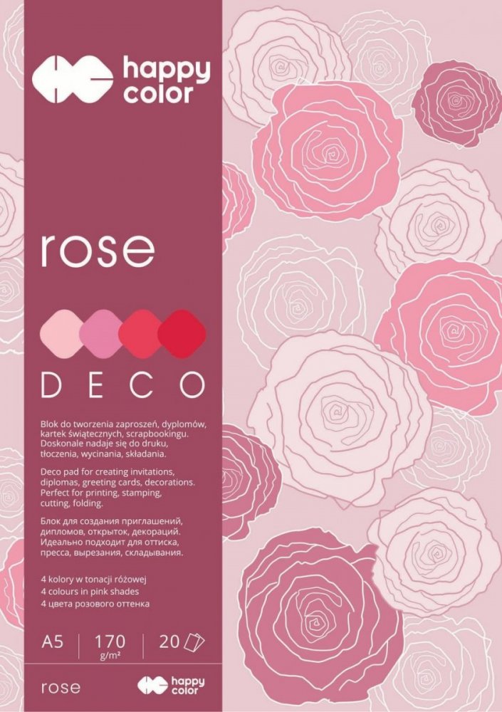 Blok Deco Rose A5, 170g, 20 listov, 4 farby – ružovo-červené odtiene