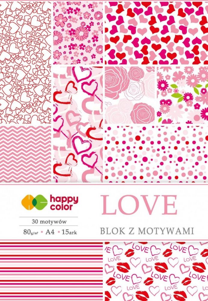 Blok so vzorovanými papiermi LOVE, 80g/m2, A4, 15 listov, 30 vzorov