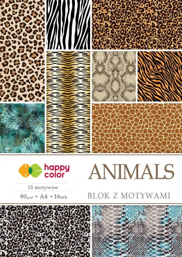 Blok so vzorovanými papiermi ANIMALS, 80g/m2, A4, 15+1 list, 15 vzorov