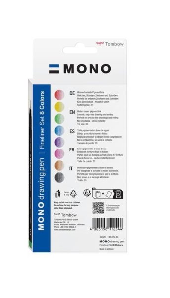 Tombow Fineliner MONO drawing pen set, 8 ks, šířka stopy 03 (cca 0.35 mm)
