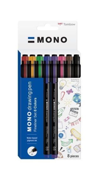 Tombow Fineliner MONO drawing pen set, 8 ks, šířka stopy 03 (cca 0.35 mm)