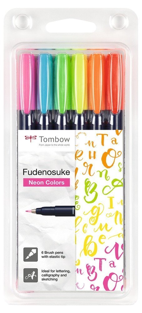 Tombow Fudenosuke BRUSH PEN – WS-BH – tvrdosť 1, sada 6 ks neon