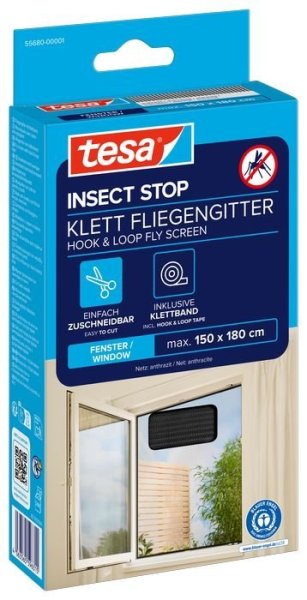 tesa® INSECT STOP Síť na suchý zip proti hmyzu do oken, 1,5 x 1,8 m, antracitová