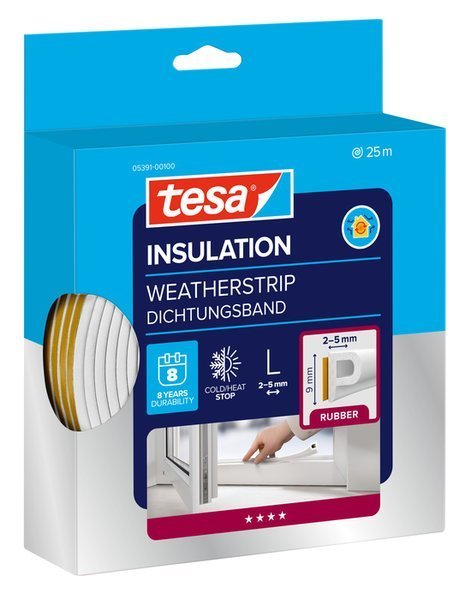 tesa® IZOLAČNÍ Samolepicí těsnění – gumové, profil P, 25 m x 9 mm x 5,5 mm, bílé