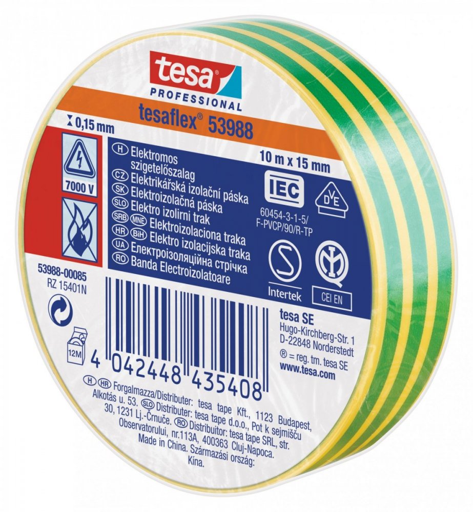 Elektroizolační PVC páska, splňuje normu IEC, zeleno-žluté proužkování, 10m x 15 mm