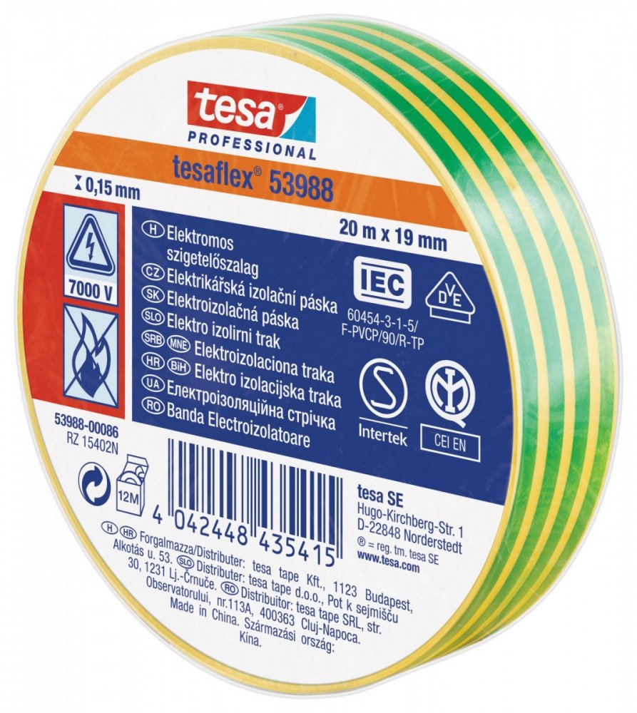 Elektroizolační PVC páska, splňuje normu IEC, žluto-zelená, 20m x 19 mm