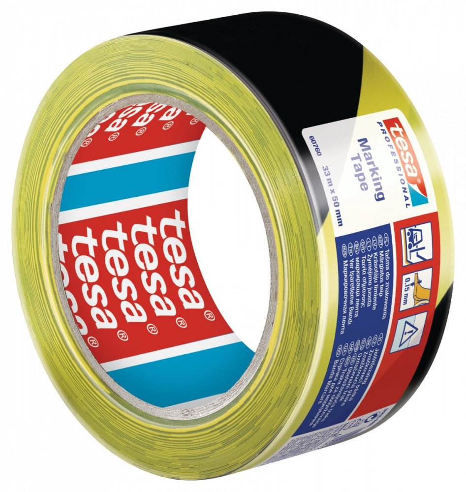 Vyznačovací páska PVC pro trvalé značení, žluto-černé šrafování, 33m x 50mm