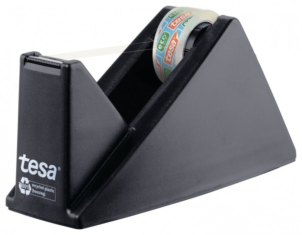Stolní odvíječ pásky ecoLogo® s páskou ECO&CLEAR, zubaté ostří, plastový, černý, dodáváno s páskou 10m x 15mm