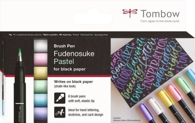 Tombow Brush Pen Fudenosuke pastel na čierny papier, sada 6 ks